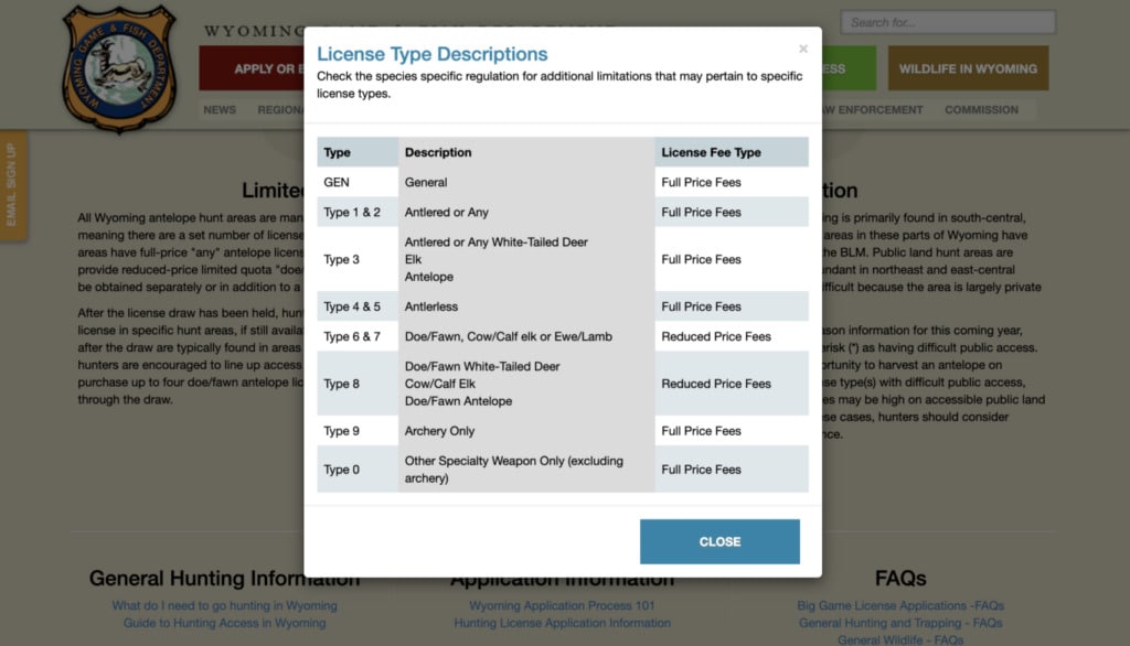 License types chart screenshot from WGFD